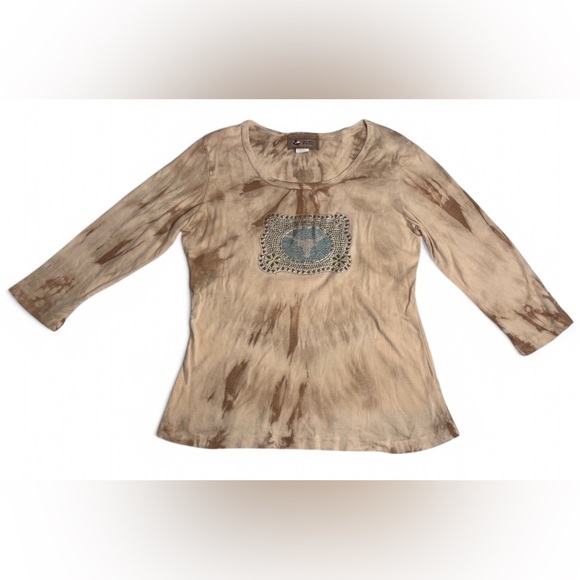 Don’t Mess With Texas Bedazzled Longhorn Tan Tie Dye 3/4 Sleeve Top Sz L Western - Picture 1 of 9
